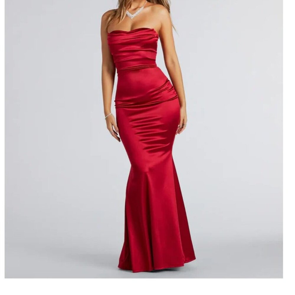 Windsor Priscilla Formal Satin Strapless Mermaid Dress - Ruby Red